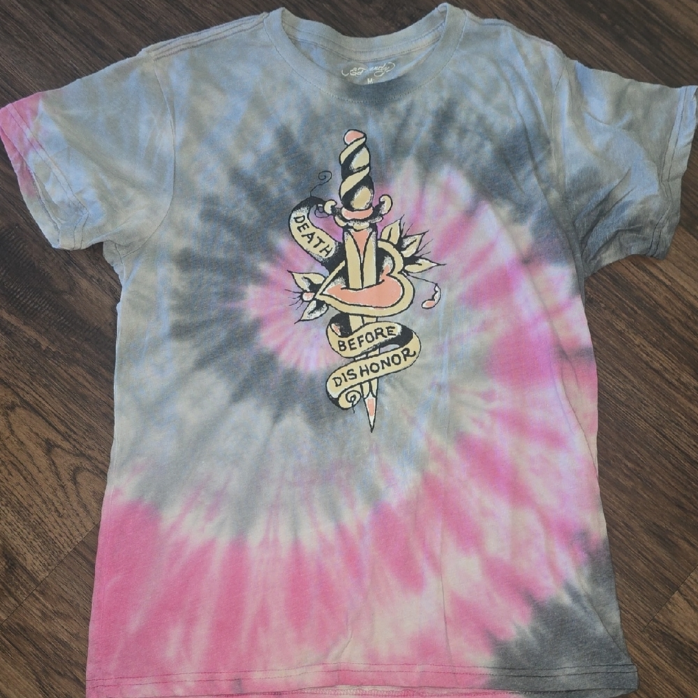Ed Hardy Pink and Gray Tie-Dye T-Shirt